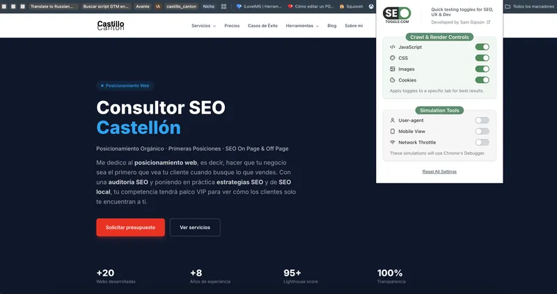 Captura de pantalla de SEO Toggle mostrando títulos, metas y encabezados de una página web